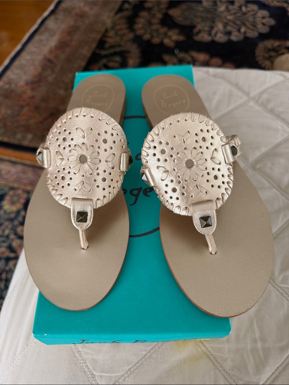 Jack Rogers Metallic Gold Medallion Thong Sandals